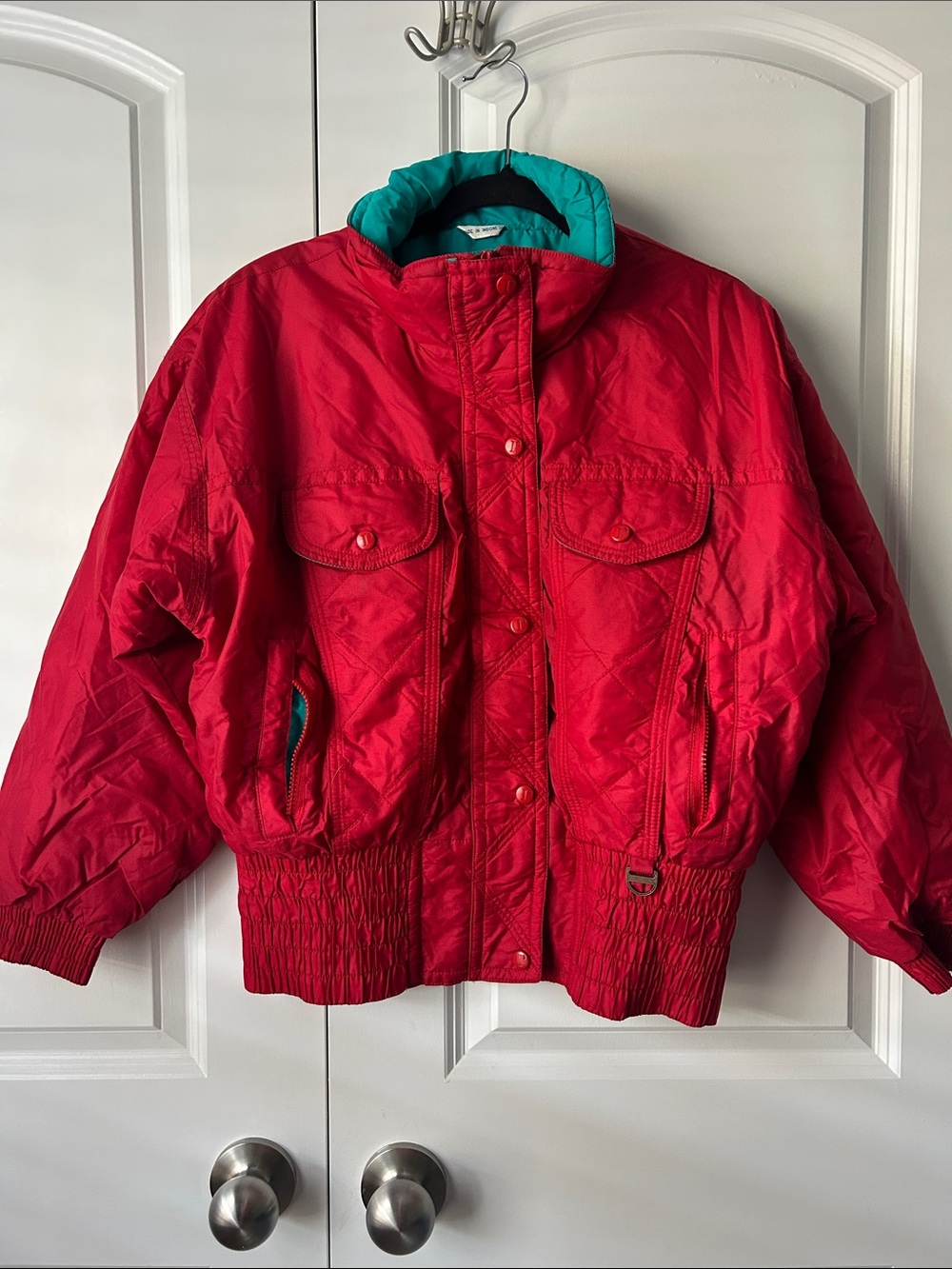Vintage 80s Ice Cube Skiwear Red Puffer Ski Jacket with Teal Lining